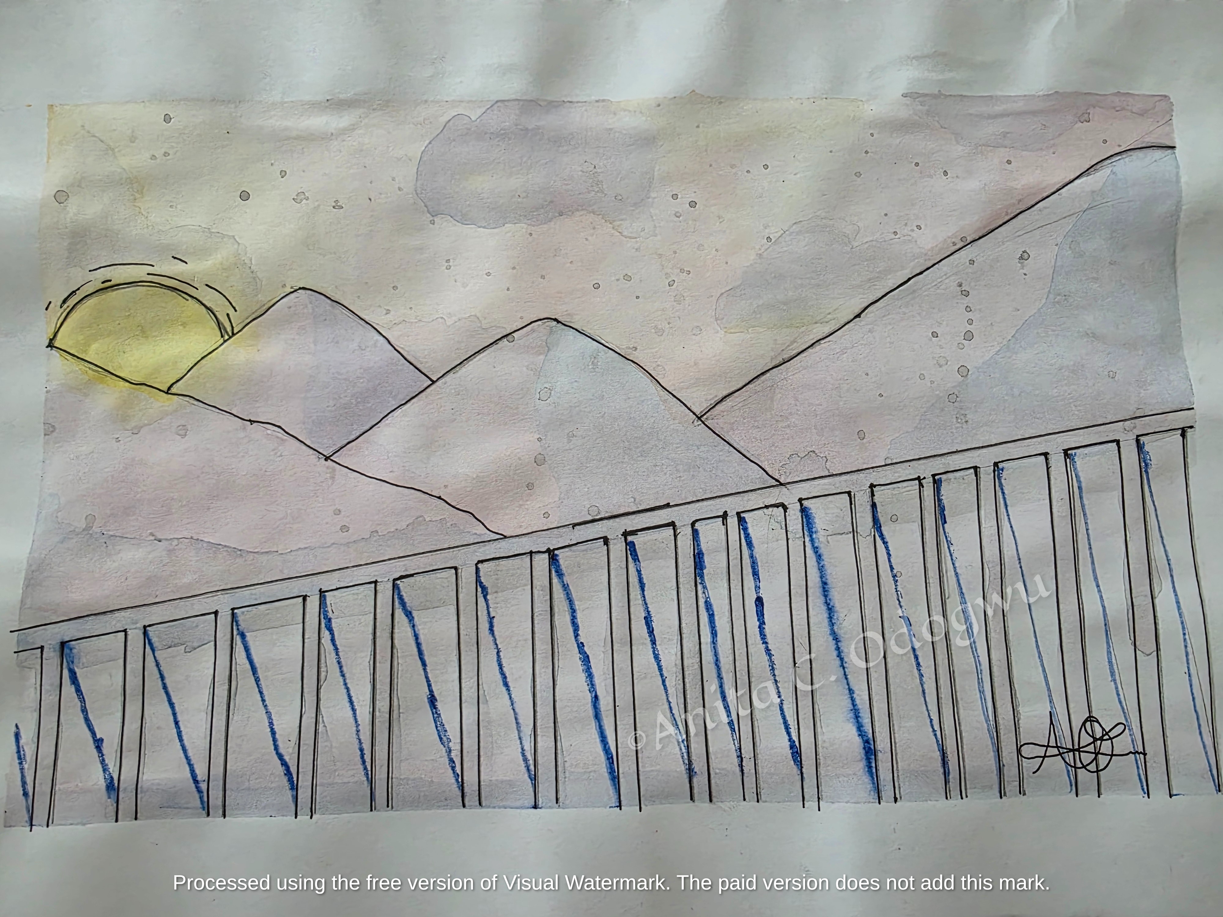 Atmospheric landscape drawing of a jagged mountain range peaks fine art sketch